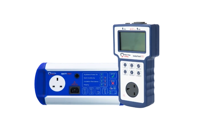 BattPAT and Instatest100 portable appliance testers next to one another